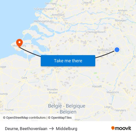 Deurne, Beethovenlaan to Middelburg map