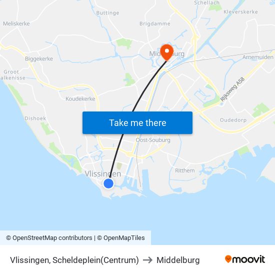 Vlissingen, Scheldeplein(Centrum) to Middelburg map