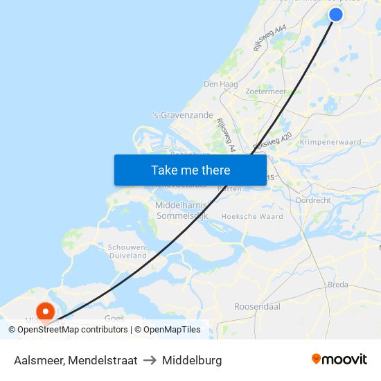 Aalsmeer, Mendelstraat to Middelburg map