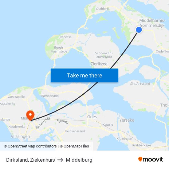 Dirksland, Ziekenhuis to Middelburg map