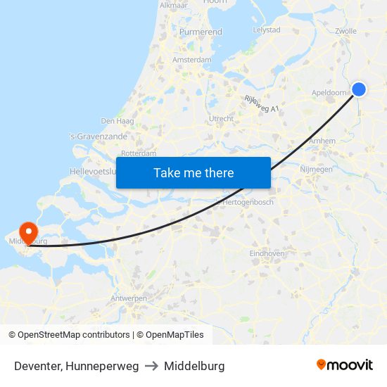 Deventer, Hunneperweg to Middelburg map