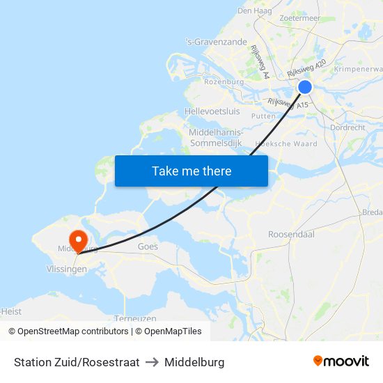 Station Zuid/Rosestraat to Middelburg map