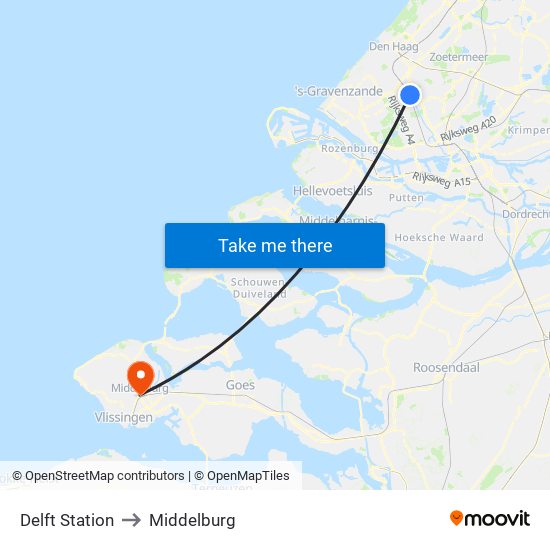 Delft Station to Middelburg map