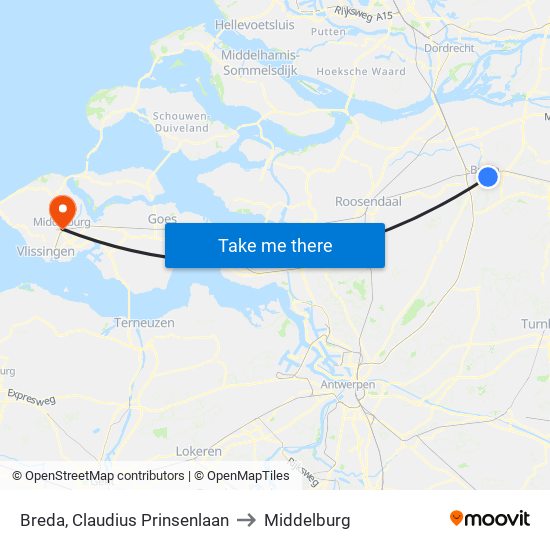 Breda, Claudius Prinsenlaan to Middelburg map