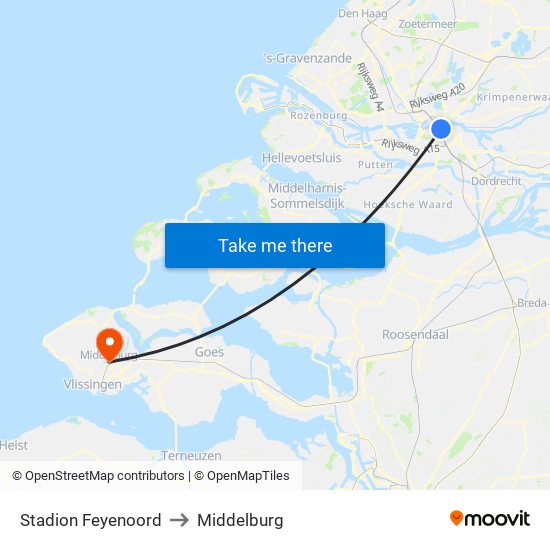 Stadion Feyenoord to Middelburg map