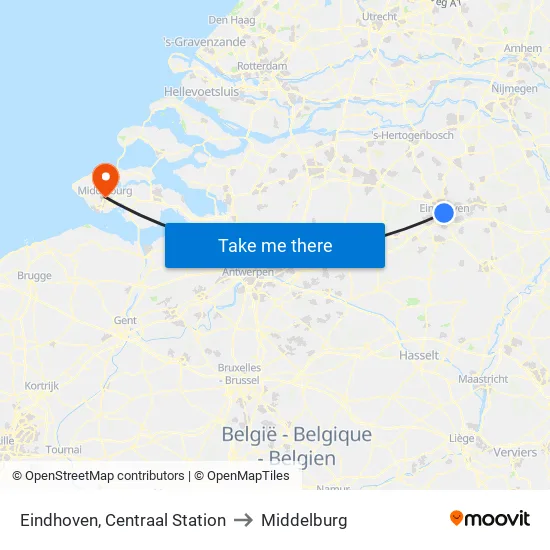Eindhoven, Centraal Station to Middelburg map