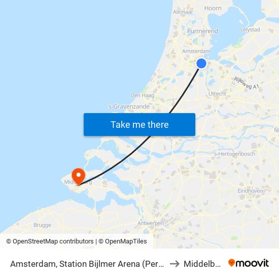 Amsterdam, Station Bijlmer Arena (Perron J) to Middelburg map