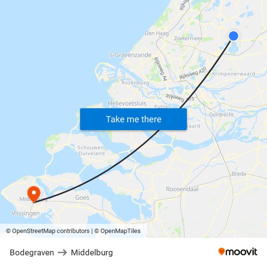 Bodegraven to Middelburg map