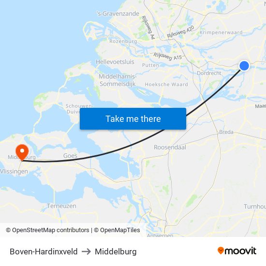 Boven-Hardinxveld to Middelburg map