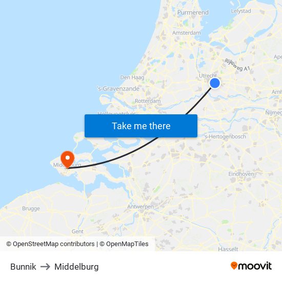 Bunnik to Middelburg map