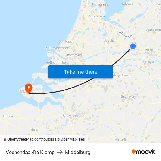 Veenendaal-De Klomp to Middelburg map
