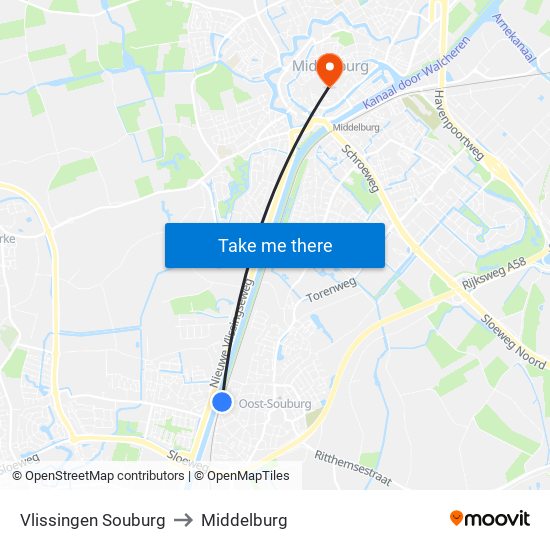 Vlissingen Souburg to Middelburg map