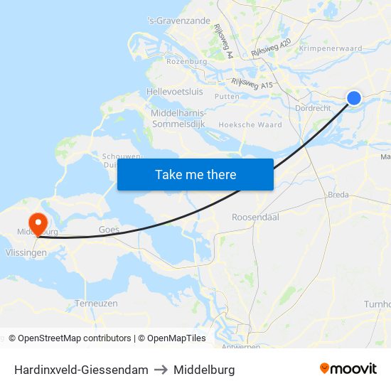 Hardinxveld-Giessendam to Middelburg map
