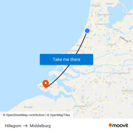 Hillegom to Middelburg map