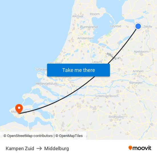 Kampen Zuid to Middelburg map