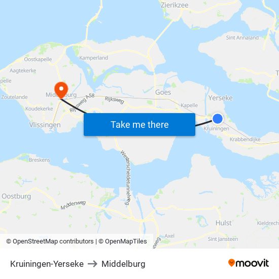 Kruiningen-Yerseke to Middelburg map