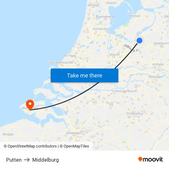 Putten to Middelburg map