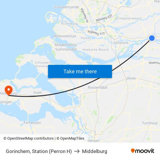 Gorinchem, Station (Perron H) to Middelburg map