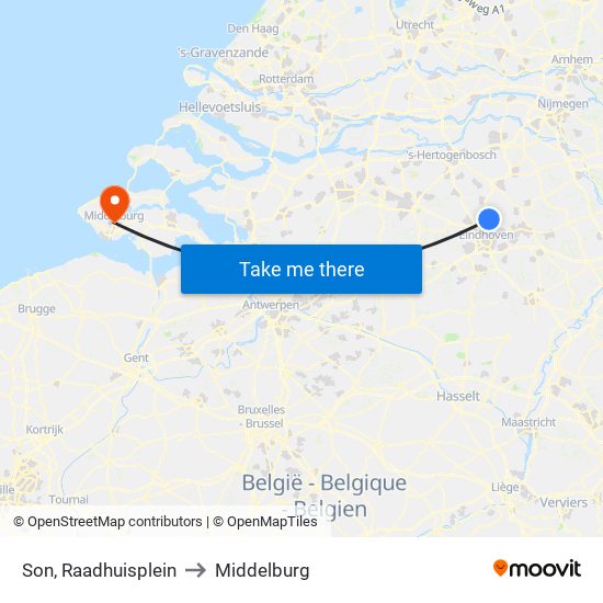 Son, Raadhuisplein to Middelburg map