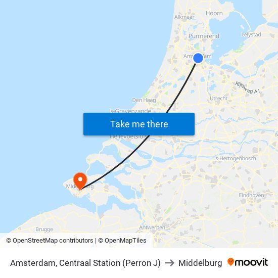 Amsterdam, Centraal Station (Perron J) to Middelburg map