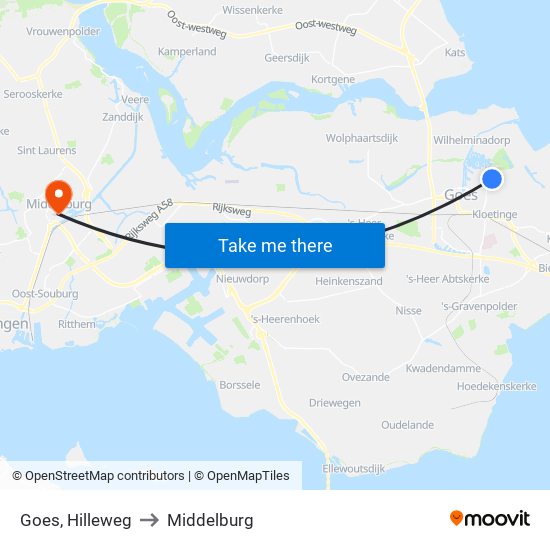 Goes, Hilleweg to Middelburg map