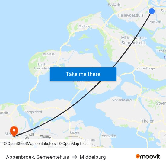 Abbenbroek, Gemeentehuis to Middelburg map