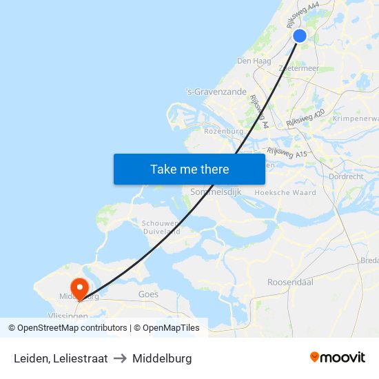 Leiden, Leliestraat to Middelburg map