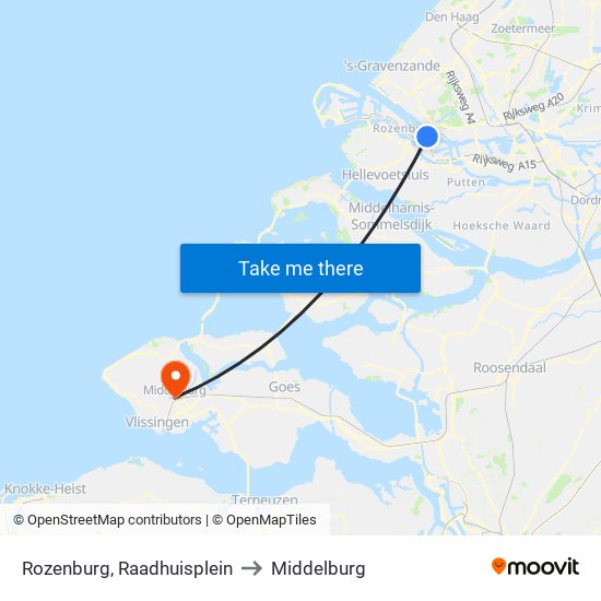 Rozenburg, Raadhuisplein to Middelburg map