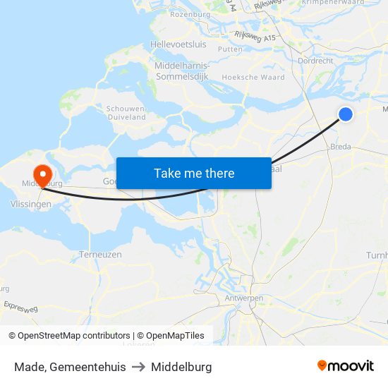 Made, Gemeentehuis to Middelburg map