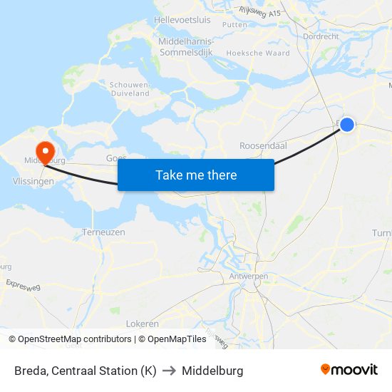 Breda, Centraal Station (K) to Middelburg map