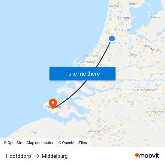 Hoofddorp to Middelburg map