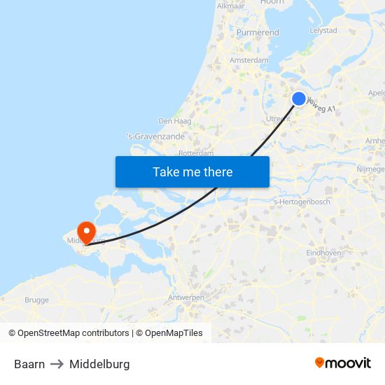 Baarn to Middelburg map