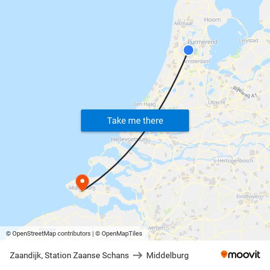 Zaandijk, Station Zaanse Schans to Middelburg map