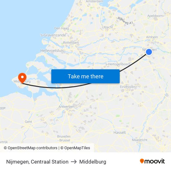 Nijmegen, Centraal Station to Middelburg map