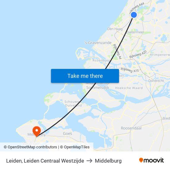 Leiden, Leiden Centraal Westzijde to Middelburg map