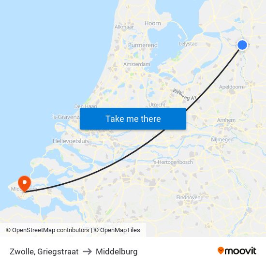 Zwolle, Griegstraat to Middelburg map