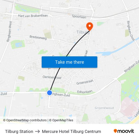 Tilburg Station to Mercure Hotel Tilburg Centrum map