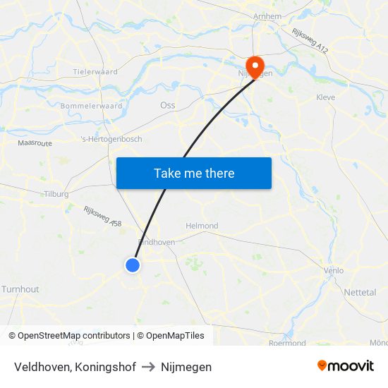 Veldhoven, Koningshof to Nijmegen map