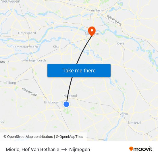 Mierlo, Hof Van Bethanie to Nijmegen map