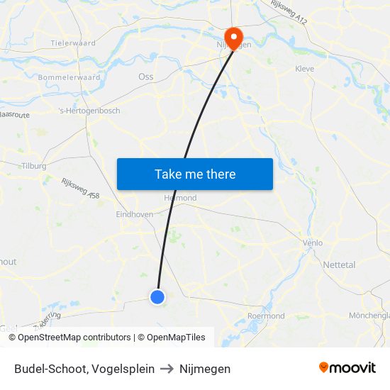 Budel-Schoot, Vogelsplein to Nijmegen map