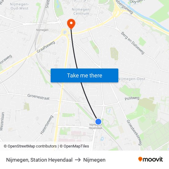 Nijmegen, Station Heyendaal to Nijmegen map