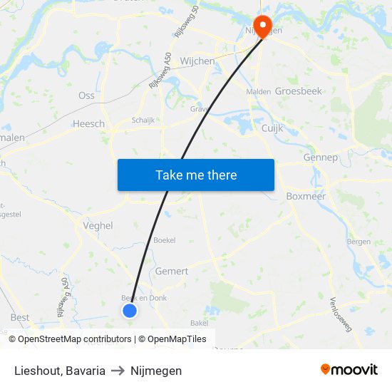 Lieshout, Bavaria to Nijmegen map