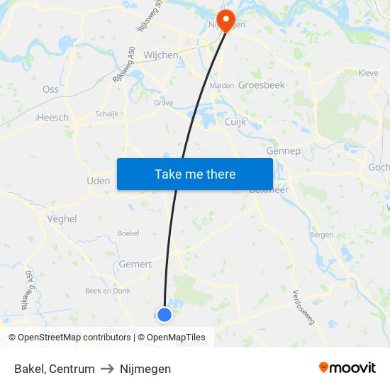 Bakel, Centrum to Nijmegen map