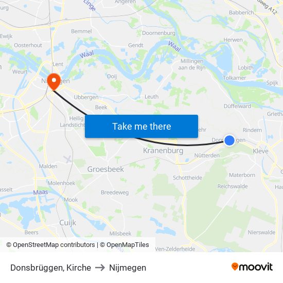 Donsbrüggen, Kirche to Nijmegen map