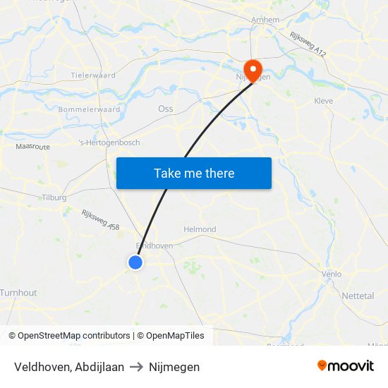 Veldhoven, Abdijlaan to Nijmegen map