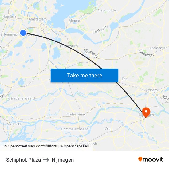 Schiphol, Plaza to Nijmegen map