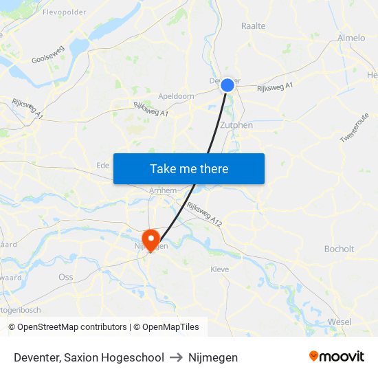 Deventer, Saxion Hogeschool to Nijmegen map