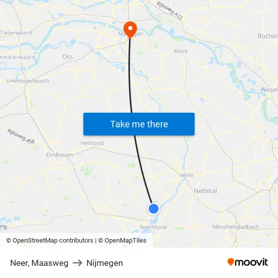 Neer, Maasweg to Nijmegen map