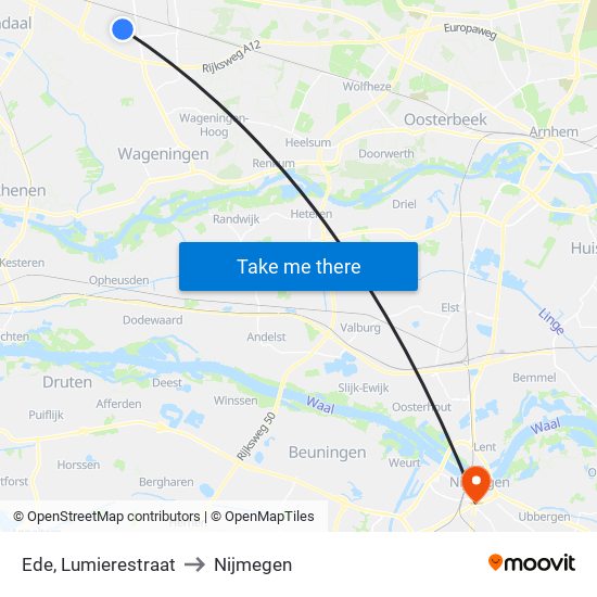 Ede, Lumierestraat to Nijmegen map