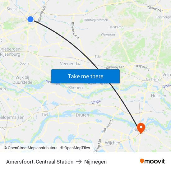 Amersfoort, Centraal Station to Nijmegen map